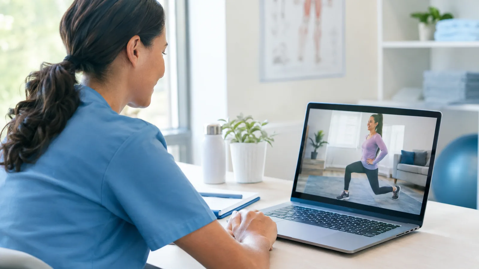 A physical therapist on a video call with a patient demonstrating an exercise at home