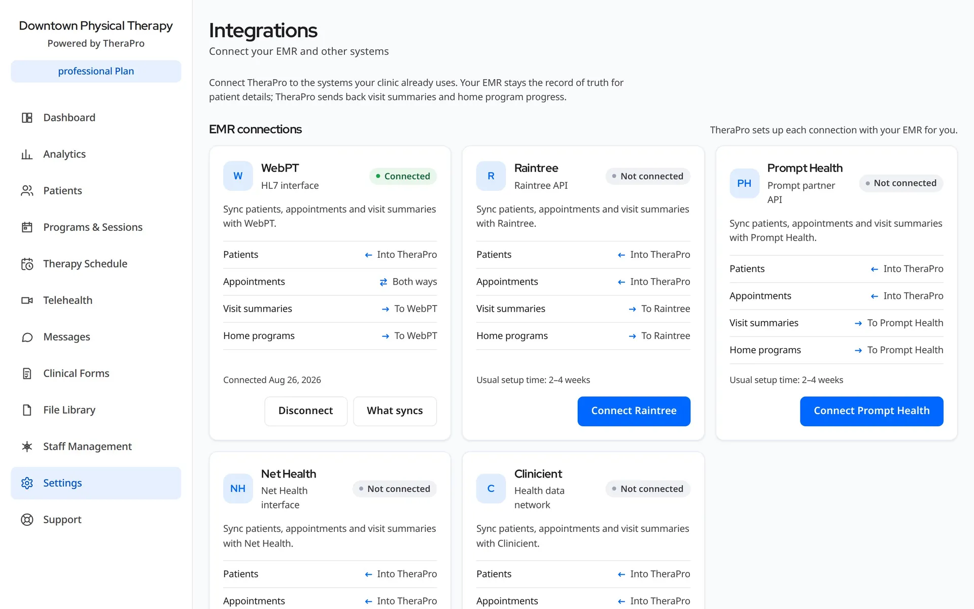 TheraPro Clinical Settings, Integrations: WebPT connected, other EMRs ready to connect
